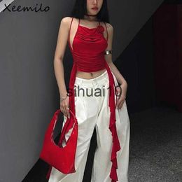 Women's T-Shirt Xeemilo Vintage Red Off Shoulder Tank Top Y2K Chic 3d Flower Ruffles Backless Crop Tops Summer 2023 Sexy Pleated Halter Camisole J230627