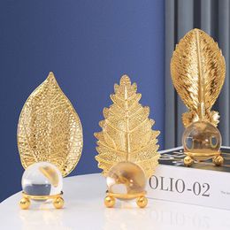 Decorative Objects Metal Leaf Crystal Ball Figurines for Desktop Interior Decoration Objects Home Living Room Decor Crafts 230627