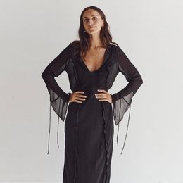 Casual Dresses Tassel Bodycon Summer Dress 2023 Night Party Long Cover-Ups Elegant Black Sheer Beach Women Sexy Flare Sleeve Mesh