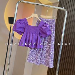 Clothing Sets Teenage Girls Summer Suit Fashion Bubble Sleeve Top Wide Leg Pants 2Piece Short Shirt Children's Baby Clothes Set 230626