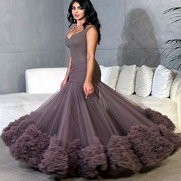 2023 Aso Ebi Black Chocolate Mermaid Prom Dress Tulle Tiers Evening Formal Party Second Reception Birthday Bridesmaid Engagement Gowns Dresses Robe De Soiree ZJ636
