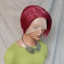 Straight Short Bob Wig With Bangs Transparent 13x1 T-part Wigs For Women Brazilian Burgundy Human Hair Pixie