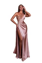 Sexy High Split Prom Dresses Illusion Top One Shoulder Beads Sequins Satin Long Evening Formal Party Gowns Vestidos de fiesta Celebrity wears