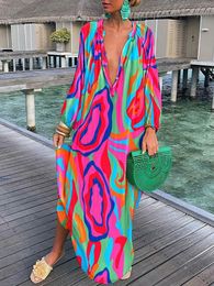 Basic Casual Dresse Boho Print Beach Cover Up 2023 Summer Sexy Deep VNeck Long Sleeve Dresses Female Vintage Maxi Elegant Robe 230626