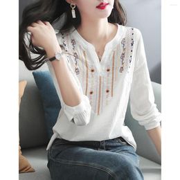 Women's Blouses 2023 Spring Fashion Casual Embroidery Blouse Ethnic Style Long-Sleeved Cotton All-Match V-Neck White Shirt Women