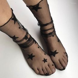 Women Socks Sexy Lace Middle Tube Transparent Mesh Ankle Fashion Harajuku Lady Ultra-thin Stars Fishnet Hosiery Sox