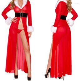 Women's Sleepwear Female Christmas Long Skirt Santa Net Yarn Perspective Dress Costume For Women Sexy Lingerie See-Through Mesh Lace