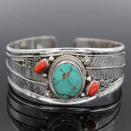 Bangle Antique Silver Color Leaf Red Blue Natural Stone Bracelet for Women Simple Open Bohemian Luxury Woman Jewelry 230627