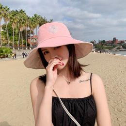 Women Summer Leisure Floppy Beach for Sun Hat Reversible Sweet Daisy Sunflower Embroidery Wide Brim UV for BU Drop Shipping