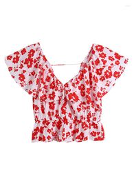 Women's Blouses Summer Clothes For Women Tops 2023 Sexy V Back Vacation Floral Print Blouse Neck Tie Bow Short Sleeve Ruffle Elegant