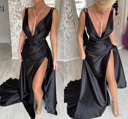 Mermaid Sexy Black Prom Dresses Long For Women Plus Size Deep V Neck Satin High Side Split Draped Pleats Formal Ocn Evening Birthday Club Party Pageant Gowns mal