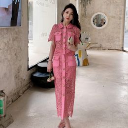 Auth S-elf Portrait Pink Lace Sexy Hollow Top Cardigan High Waist Half length Dress Fashion Two Piece Set