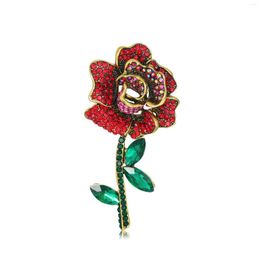 Brooches Female Fashion Vintage Red Blue Crystal Flower For Women Luxury Yellow Gold Colour Alloy Plant Brooch Safety Pins