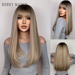 Synthetic Wigs HENRY MARGU Long Straight for Women Natural Brown Blonde Wig with Bangs Heat Resistant Cosplay Party Hair 230627