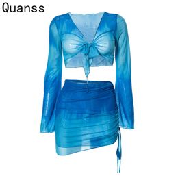 Two Piece Dress Quanss Spring Summer Long Sleeve Crop Top And Skirt Women Tie Dye Print Mesh Set Beach Wear See Through Outfits 230627