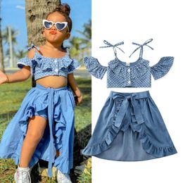 Clothing Sets 3Pcs Summer Girl Baby Kids Clothes Off shoulder Ruffles T shirt Top Shorts Princess Belt Skirt Party Outfits 1 5T 230626
