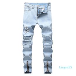 2023-Men's Jeans Mens Blue Ripped Distressed Motorcycle Pants Folds Hole Zipper Design Elastic Washed Retro High Street Fashion Denim