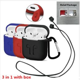 3 in 1 For Apple Airpods Silicone Case Protector Cover with Anti Lost Rope and buckle for AirPods Bluetooth Headphones with box
