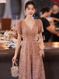 Ethnic Clothing Champagne Sequins Sexy V-Neck Puff Sleeve A-Line Evening Dresses Women Formal Bride Party Gown Vestidos