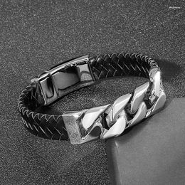 Charm Bracelets HaoYi Men's Braided Leather Bracelet Metal Chain Accessories Skull Punk Stainless Steel Jewellery
