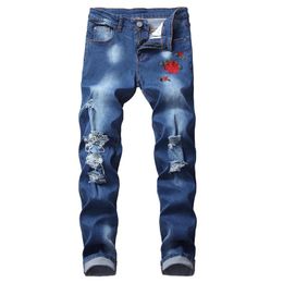 Men's Jeans Fashion Slim Fit Ripped Faded Denim With Rose Stitchwork