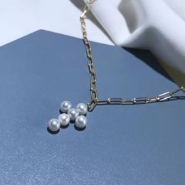 Chains 6-7mm Cultured Freshwater White Round Pearl Necklace Handpicked Cross Women Thick Chain Jewelry Gift For Birthday