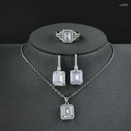 Necklace Earrings Set 3pcs Pack Silver Colour Bride Jewellery Engagement Ring Round Stud Earring For Wedding Gift J7602