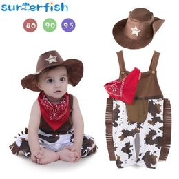 Rompers 0-10Y Baby Boy Clothes Costume Infant Toddler Cowboy Set 3Pcs Hat Scarf Romper Halloween Event Birthday Holiday Cosplay Outfits 230626