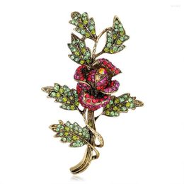 Brooches Beautiful Shining Crystal Rose Flower For Women Full Rhinestone Leaves Lapel Pin Wedding Accessories High Quality