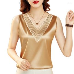 Women's Blouses 2023 Women Satin Shirts Summer Sleeveless Lace V Neck Tops Office Ladies Loose Elegant Casual Blouse Blusa XXXXL/4XL