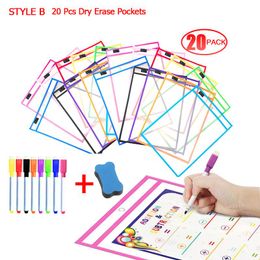 Markers 20 PCS Reusable Dry Eraser Pockets With Pen PVC Transparent Write Wipe Drawing Whiteboard Markers Used for Teaching Supplies