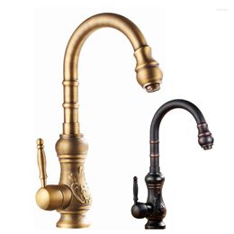 Kitchen Faucets Antique Carved Faucet Sink Mixer Copper Brass Swivelled Spout Deck Mount Vessel Water Tap Torneira ZR129