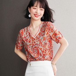 Women's Blouses Short Sleeve V Neck Red Shirts Women Summer Printed Tops Femme Chiffon