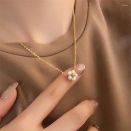 Pendant Necklaces Fashion Exquisite Handmade Flower Small Daisy Glass Pearl Necklace Stainless Steel Gold Plated Jewelry Clavicle Chain