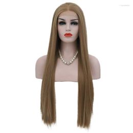 Synthetic Wigs AIMEYA Middle Part Brown Long Straight For Women Heat Resistant Lace Front Half Hand Tied Natural Hairline