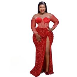 Aso Ebi Arabic Style Mermaid Prom Dresses Red Sequins Long Sleeves Front Split Lace Appliques Plus Size Formal Evening Occasion Gowns