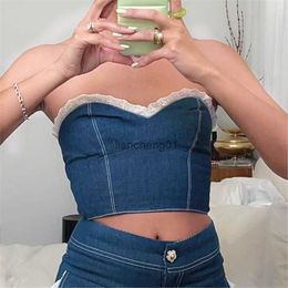 Fashion Women Denim Tube Tanks With Lace Patchwork Skinny Version Backless Summer Clothing Street Club Style Hot Sale S M L L230619