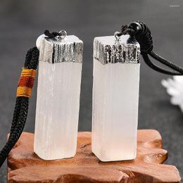 Pendant Necklaces Natural Raw Ore Gypsum Crystal Necklace Square Bar Cylinder Electroplate Covered Edge Charm Anti Lost Key Chain Jeweller