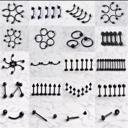 Nipple Rings PINKSEE Wholesale 7tyles 70Pcs Lot Black Steel Labret Lip Body Pierce Navel Belly Eyebrow Bar Ring Jewelry 230626