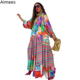 Casual Dresses Autumn Vintage Empired Printing Women Loose Charming Multicolors Long Sleeves Pleats A Line Party Dress Gowns 23425