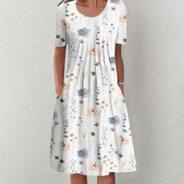 Casual Dresses Women Midi Dress Pockets Loose Hem Mid-calf Length Floral Print A-Line Holiday Daily Clothing