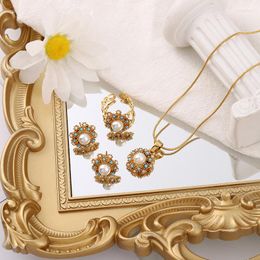 Necklace Earrings Set MANDI Large Pearl Inlaid Jewelry For Women Flower Shape Natural Stone Gold Plated Ring Sets