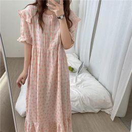 Women's Sleepwear Pink Flowers Print Summer Nightgown Women Korean Loose Long Midi Dress O-Neck Buttons Cotton Linen Home Clothes