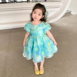 Girl Dresses Girls Princess Dress Cute Puff Sleeve A-Line Loose With Bow Tie Hair Clip 2023 Summer