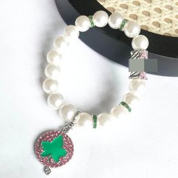Strand Hand Made Greek Sorority White Pearl Elastic Line Greenk Letter Rhinestone Charm Pendant Bracelet Women Jewellery