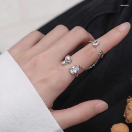 Cluster Rings VENTFILLE 925 Sterling Silver Combination Open Pearl Zircon Long Tassel Chain Finger Ring For Women Party Jewellery