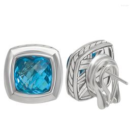 Stud Earrings 11mm Cushion Cut Blue CZ Stylish Chic 17mm Square Studs For Women Trendy White Gold Plated Jewelry