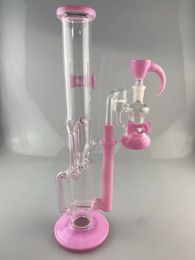 Glass hookah solid pink bow 16inch 14mm recycler bong 1inline perc high quantity add opals and bows