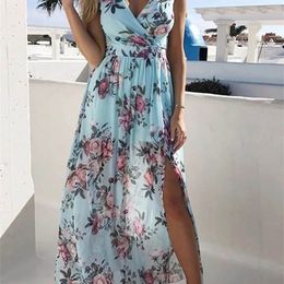 Boho Floral Long Dress Women Sexy Print Deep VNeck Dresses Summer Sleeveless Beach Dress Chiffon Split Maxi Dress Party Vestido 220526