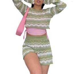 Women's T Shirts Beach Holiday Bohemian Knitted Two Piece Set Ouftits Long Sleeve Hollow Out Crop Top Pullovers Slim Fit Short Streetwear